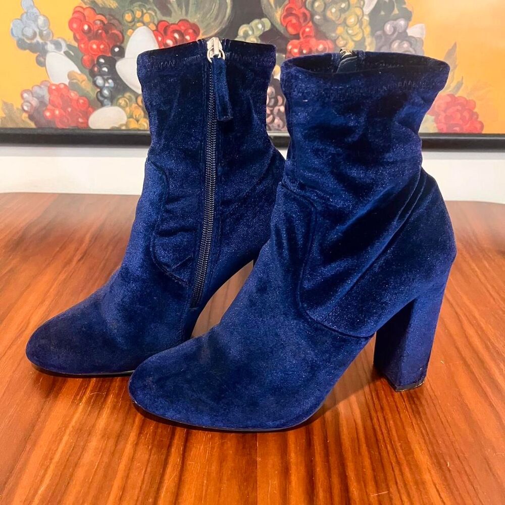 Steve Madden blue velvet ankle sock heeled boots with zipper